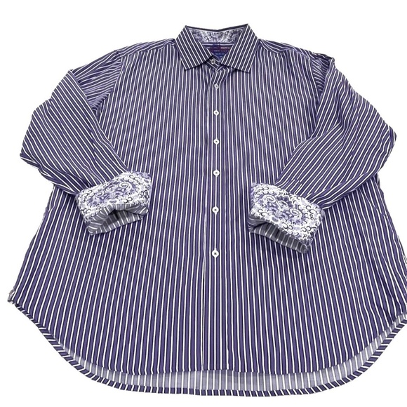 Robert Graham Flip Cuff Long Sleeve Dress Shirt Purple/White Stripes/Paisley; XL - Picture 1 of 3